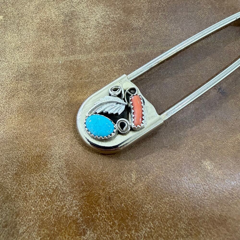 Native American Navajo Key Chain Safety Pin Sterling Silver Turquoise & Coral - Picture 3 of 7